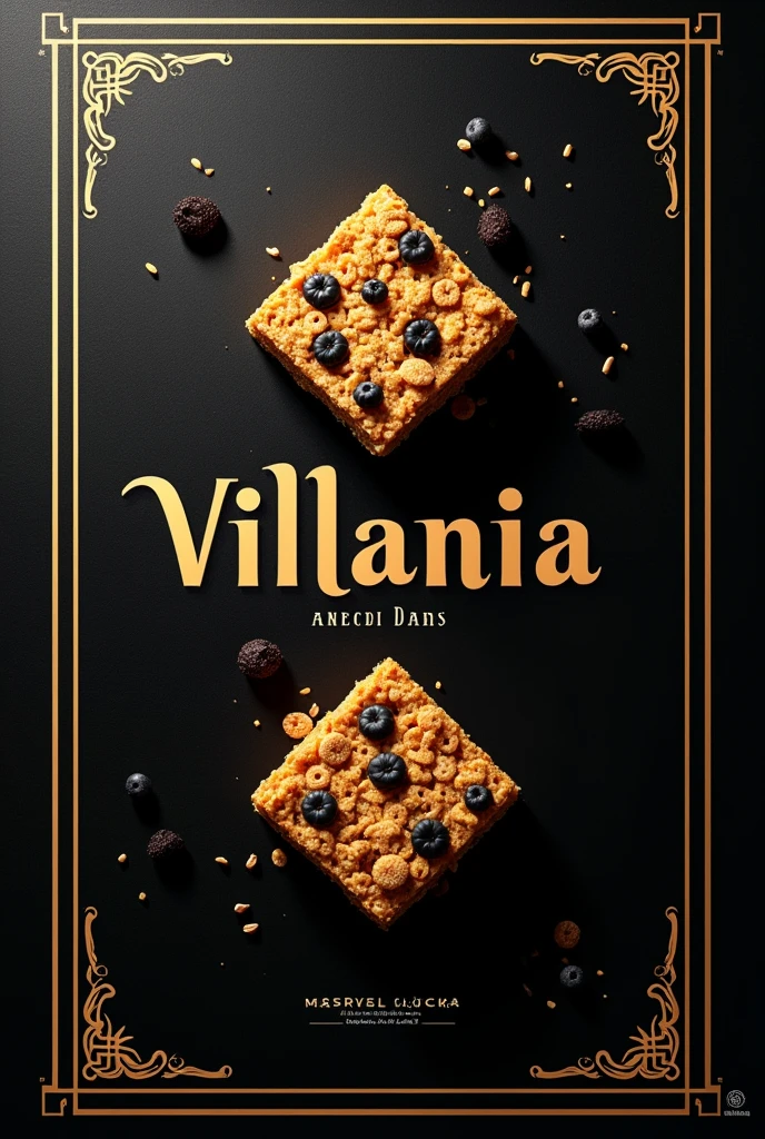 Create a poster to promote a (cereal bar) with the packaging written Villania with the colors black and gold