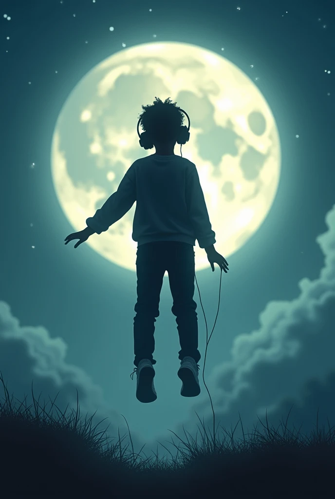 The silhouette of a black boy wearing headphones floating in front of the moon