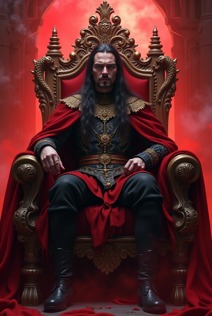 (((Vlad the tapestress))) sitting on the throne decorated by red dragons. There is red smoke and his subjects and courtiers around him. PICTURE REALISTIC. Vlad Tepes his expression is serious and confident. Its cover is lush. He has a ring of the order of the dragon coat of arms. ((PICTURE REALISTIC. 真实感.))