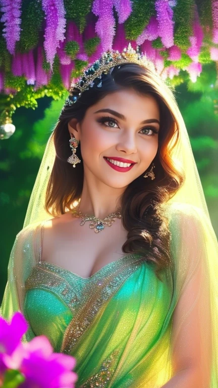 (a beautiful woman in a stunning gown of flowing silk with a radiant smile and captivating eyes),vibrant colors,highres,ultra-detailed,sharp focus,soft lighting,realistic,fantasy-inspired,portraits,subtle color palette,ethereal glow,fairytale,graceful,pastel shades,enchanted garden,lovely flowers,twinkling lights,whimsical ambiance