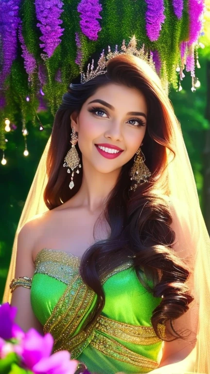 (a beautiful woman in a stunning gown of flowing silk with a radiant smile and captivating eyes),vibrant colors,highres,ultra-detailed,sharp focus,soft lighting,realistic,fantasy-inspired,portraits,subtle color palette,ethereal glow,fairytale,graceful,pastel shades,enchanted garden,lovely flowers,twinkling lights,whimsical ambiance