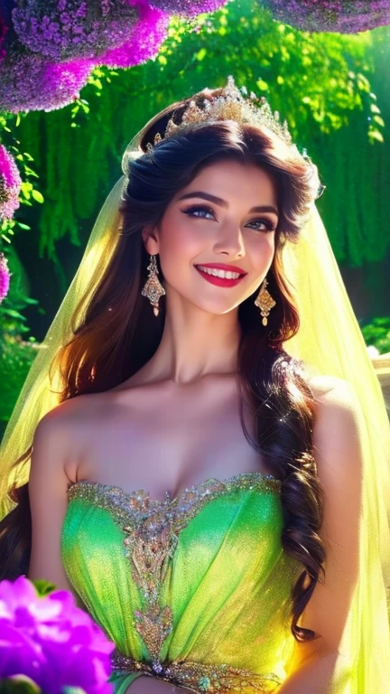 (a beautiful woman in a stunning gown of flowing silk with a radiant smile and captivating eyes),vibrant colors,highres,ultra-detailed,sharp focus,soft lighting,realistic,fantasy-inspired,portraits,subtle color palette,ethereal glow,fairytale,graceful,pastel shades,enchanted garden,lovely flowers,twinkling lights,whimsical ambiance