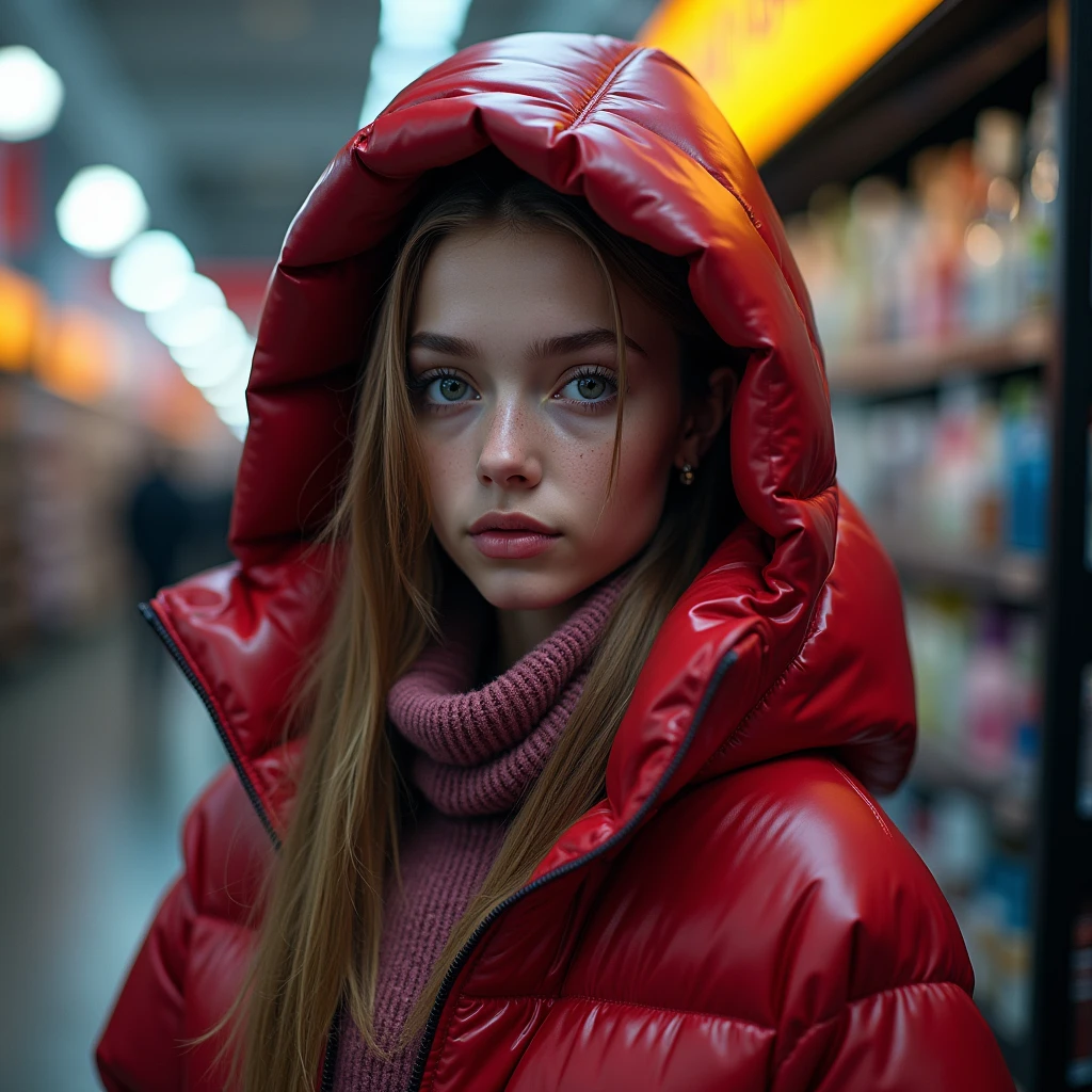 complete portrait of a slim ponytail girl,beautiful detailed eyes,beautiful freckles,beautiful detailed lips,extremely detailed eyes and face,longeyelashes,in beautiful detailed hooded formfitting duvetica overfilled super gleamy super thick glossy opened puffer jacket covering her zipped paddedvest,latex leggings,symmetrical,standing in a pufferstore,masterpiece,cinematic,lifelike,hyperrealistic,8k,photorealistic,highly detailed,intricate,exquisite,elegant,beautiful,stunning