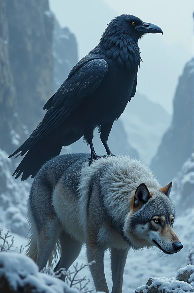 A raven on top of a wolf in winter, with a phrase that says: The North remembers and winter is approaching