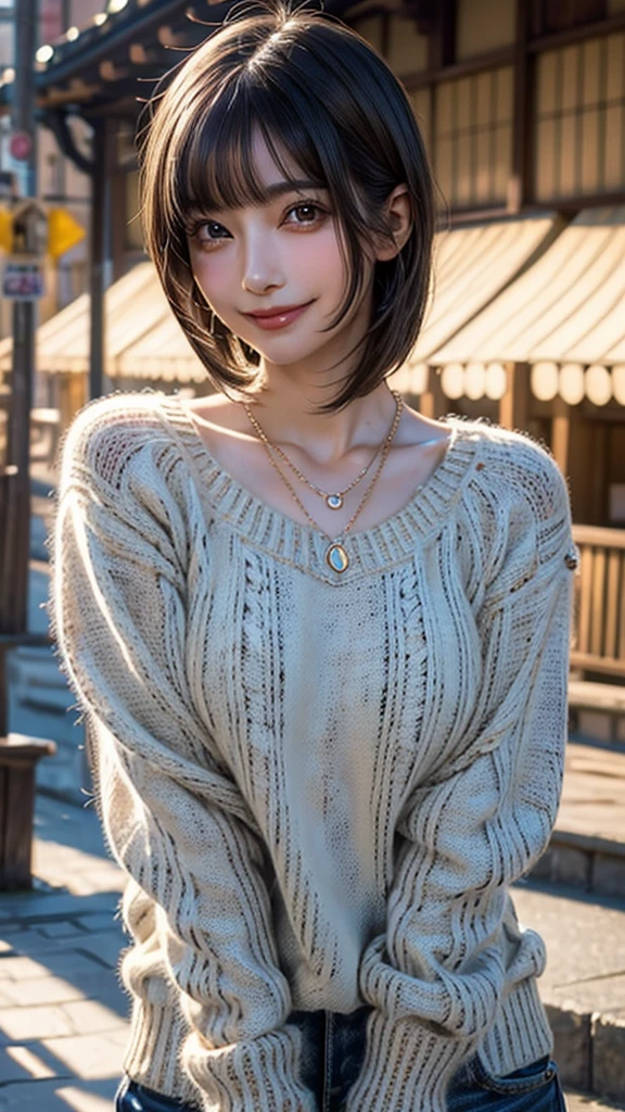 ((Beautiful Face:1.4)), (Purelos Face_v1: 1.0), (Highest quality, 8k, 32K, masterpiece, Ultra-high resolution:1.2),Beautiful Japanese Women Photos, Large Breasts, Very short bob hair,Upper Body,(Extra Large_sweater,:1.2) necklace, Simple Background, Look around,((smile))