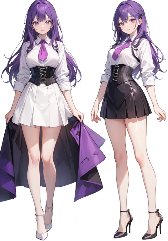 Purple hair,long hair,Adult female,((Rolling up your sleeves shirt)),Open chest,(Corset),(Tight skirt),(high heels),((Simple White background)),Smile,((Full body)),((whole body)),Character Sheet,
