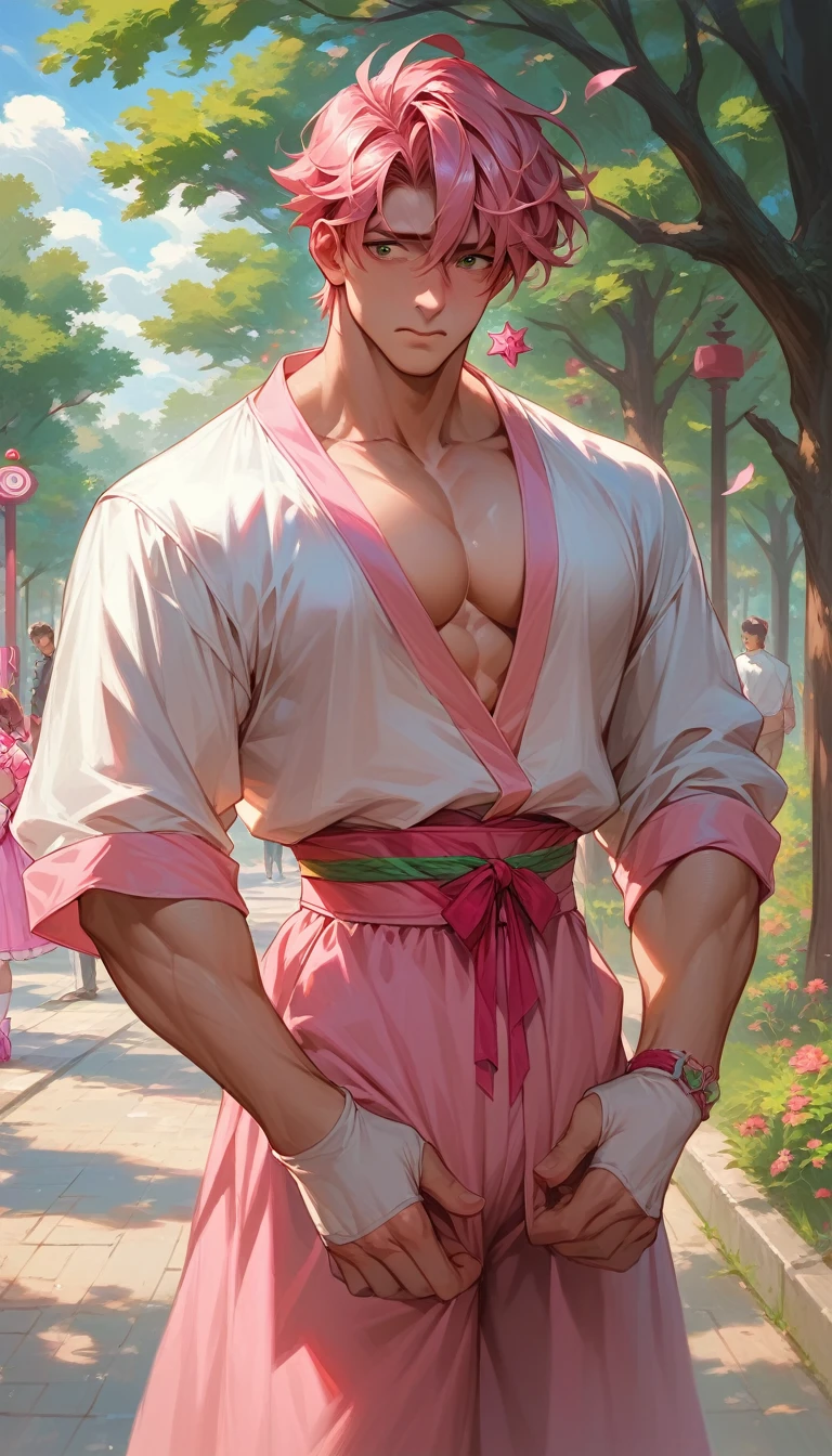 A handsome, tall, muscular man, mature male, in a park close to a sakura tree, viewed from his front, wearing a cute pink magical girl dress, embarrassed expression