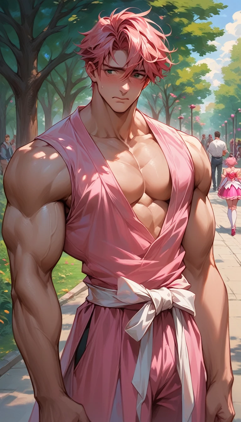 A handsome, tall, muscular man, mature male, in a park close to a sakura tree, viewed from his front, wearing a cute pink magical girl dress, embarrassed expression