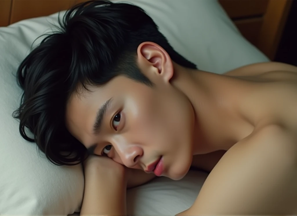 A 20-year-old handsome Korean man with a slim-fit body, black undercut hair, lying shirtless with his head resting on a man's lap.