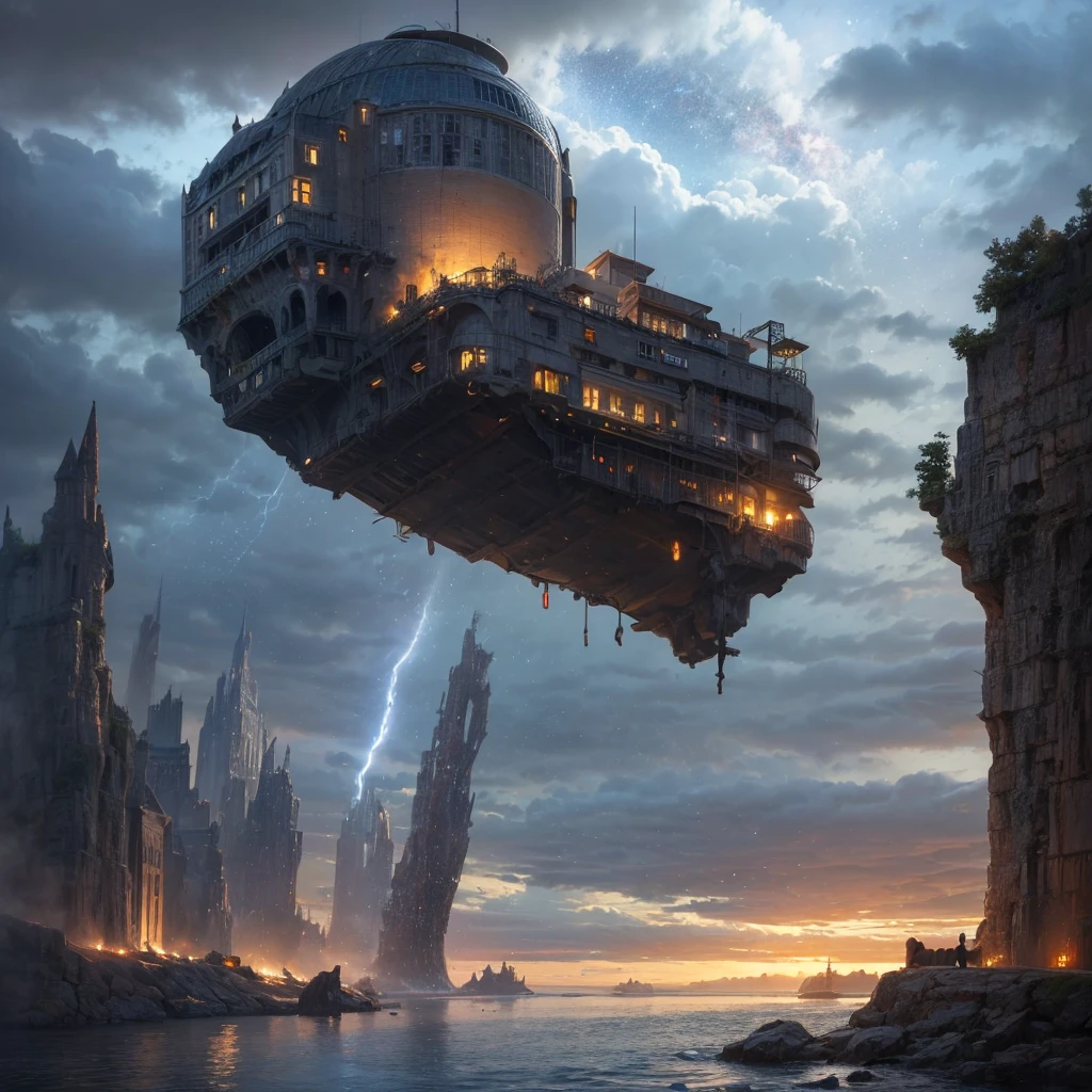 (8k, highest quality, masterpiece, final fantasy style: 1.2), (unRealistic, photoRealistic: 1.37), Dreamy landscape, Fantasy, Unsurreal landscapes, Super detailed, Flying Castle, Floating Island in the Sky, Seven-colored swirl of light, Intense lightning, milky way, Complex Light, Colored light, Large Lake, Starry sky reflected on the lake surface, Countless shining stars, Meteors, Reflections , (A pillar of light emanated from the ground:1,2), roses and orchids gardens , sunset, pink clouds, waterfalls in the sky, realistic style, Hyperrealism drawing, a flying pirate spaceship floating at the clouds level, burning skyscrapers, cyborgs, timeless realms, stunning princess , casting spell, healing light magic effect, in a magical lagoon of the fairyland, crystal clear water surface reflections, sharp focus, looking at viewer, (close-up:0.9), (bright white theme:1.2), (bright white tone:1.2), (deep blue tone:1.3),((( realistic, Hyperrealism, vivid colours , landscapes , alien cyborgs , science fiction themes)))