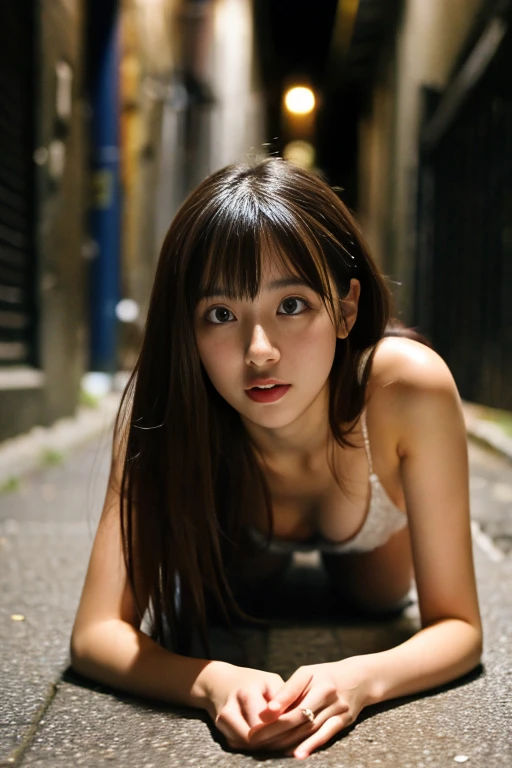 asuka, solo, 1girl, a 20-years-old japanese woman, ((close mouth)),  looking at viewer, (best quality, masterpiece, photo-realistic:1.3), 8K High definition, (realistic:1.3), dramatic lighting,  ((in the alley, depth of field)), beautiful and detailed face, ((small face)), (tiny breasts, very small breasts, flat chest, child-like breasts:1.4), (ribs stand out), (full frontal, naked, nude, shaved pussy, erect nipples:1.3),  (squatting, spread legs wide, arms behind back, peeing:1.4),