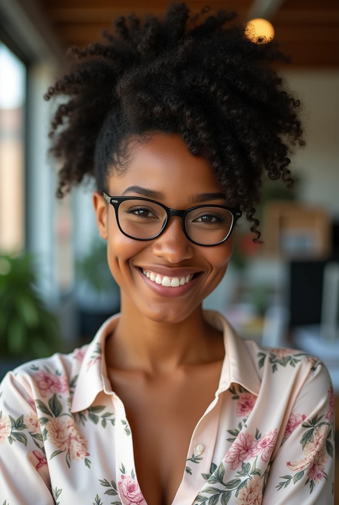 A black Brazilian woman with curly hair tied up in a sales office, wearing an open shirt with a floral print, wearing prescription glasses and with a close-up capturing the harmonious beauty of her look and outgoing personality.