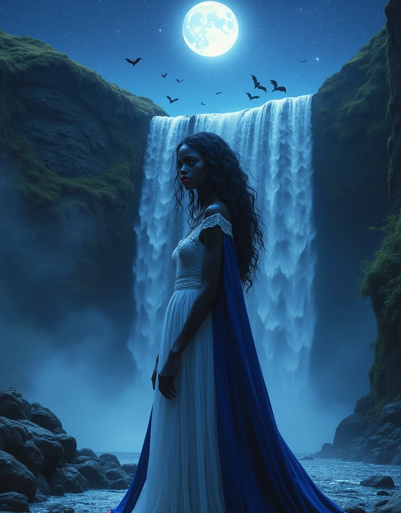 an (anime portrait: 1.3) picture of an exquisite beautiful female African vampire standing under the starry night sky at the base of the waterfall, ultra feminine, black skin, dynamic hair color, wavy hair, dynamic eyes color, (glowing eyes: 1.3), (vampire fangs: 1.5), cold eyes, glowing eyes, intense eyes, dark red lips, wearing white dress, wearing blue cloak, ultra best realistic, best details, best quality, 16k, [ultra detailed], masterpiece, best quality, (extremely detailed), photorealism, depth of field, hyper realistic painting, sky full of stars background, moon, bats flying about, high details, best quality, 8k, [ultra detailed], masterpiece, best quality, (ultra detailed),