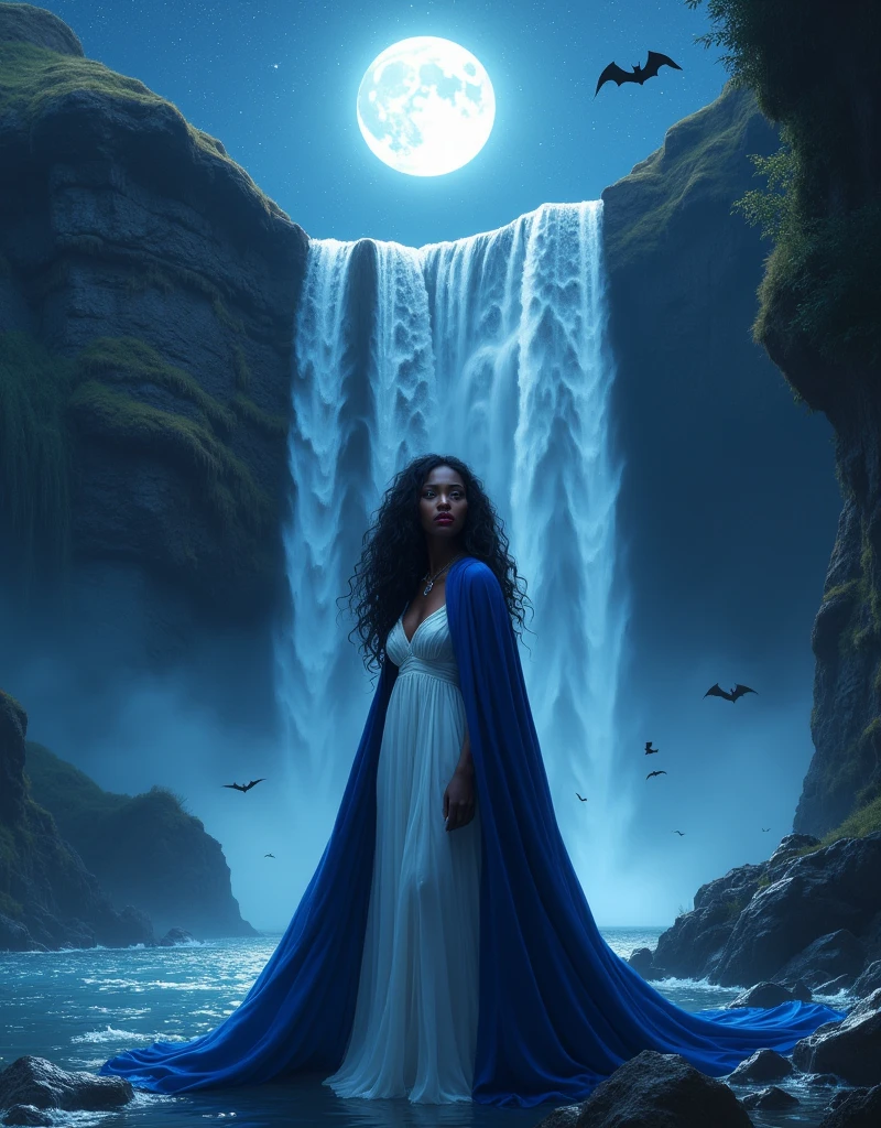 an (anime portrait: 1.3) picture of an exquisite beautiful female African vampire standing under the starry night sky at the base of the waterfall, ultra feminine, black skin, dynamic hair color, wavy hair, dynamic eyes color, (glowing eyes: 1.3), (vampire fangs: 1.5), cold eyes, glowing eyes, intense eyes, dark red lips, wearing white dress, wearing blue cloak, ultra best realistic, best details, best quality, 16k, [ultra detailed], masterpiece, best quality, (extremely detailed), photorealism, depth of field, hyper realistic painting, sky full of stars background, moon, bats flying about, high details, best quality, 8k, [ultra detailed], masterpiece, best quality, (ultra detailed),