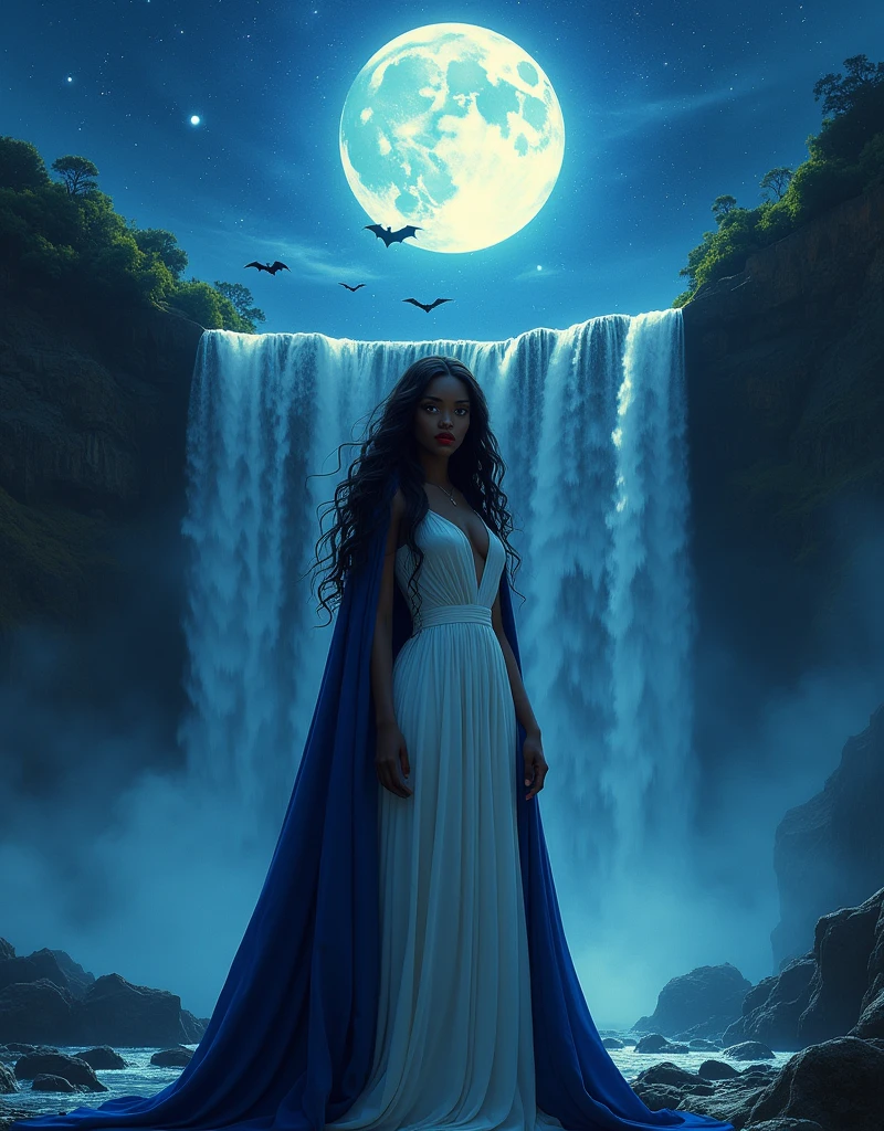 an (anime portrait: 1.3) picture of an exquisite beautiful female African vampire standing under the starry night sky at the base of the waterfall, ultra feminine, black skin, dynamic hair color, wavy hair, dynamic eyes color, (glowing eyes: 1.3), (vampire fangs: 1.5), cold eyes, glowing eyes, intense eyes, dark red lips, wearing white dress, wearing blue cloak, ultra best realistic, best details, best quality, 16k, [ultra detailed], masterpiece, best quality, (extremely detailed), photorealism, depth of field, hyper realistic painting, sky full of stars background, moon, bats flying about, high details, best quality, 8k, [ultra detailed], masterpiece, best quality, (ultra detailed),