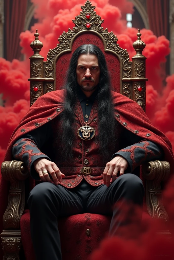 (((Vlad the tapestress))) sitting on the throne decorated by red dragons. (((There is red smoke and his subjects and courtiers around him. PICTURE REALISTIC.)))) Vlad Tepes his expression is serious and confident. Its cover is lush. ((He has a ring of the order of the dragon coat of arms))). ((PICTURE REALISTIC. 真实感.))