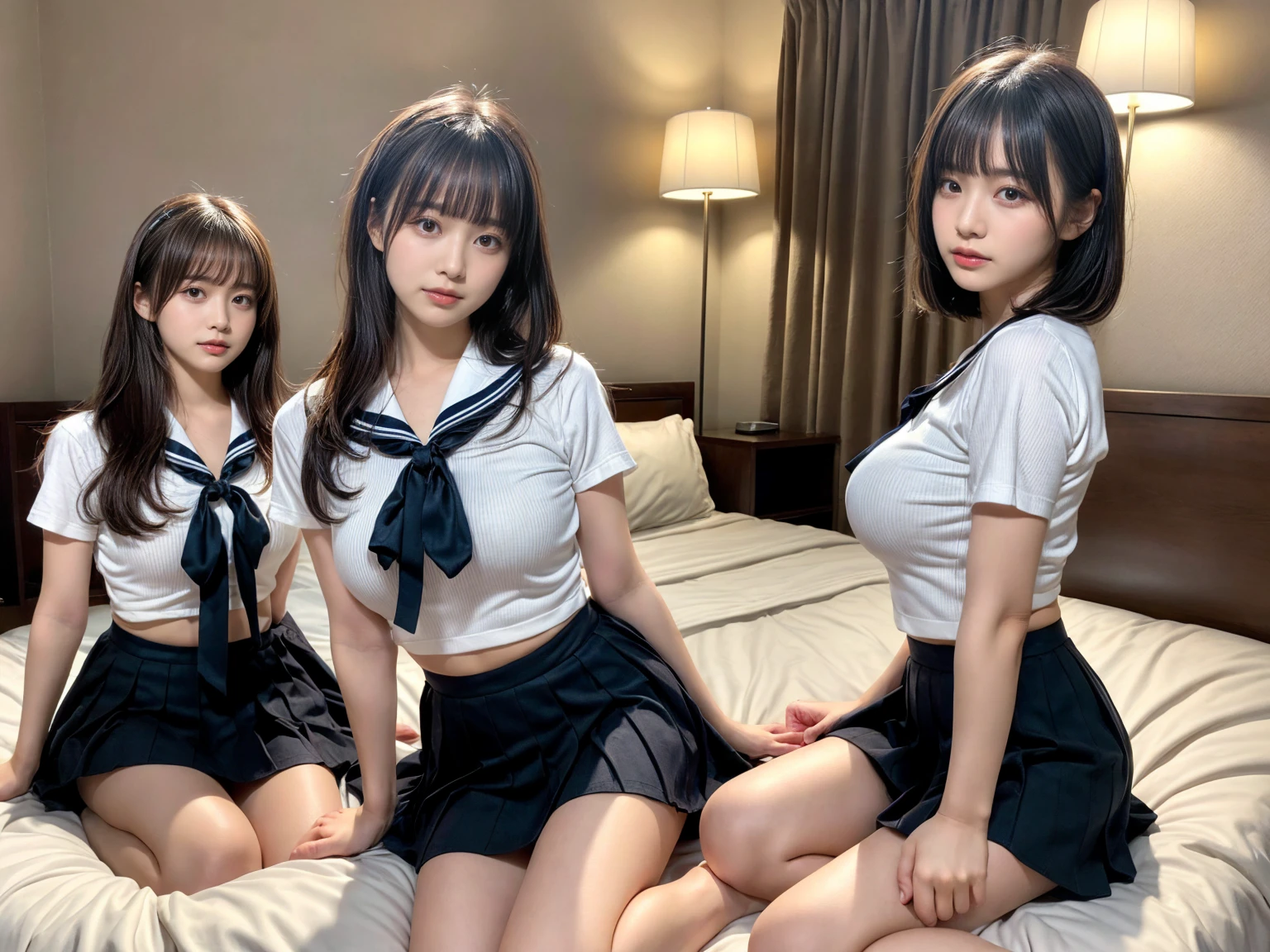 masterpiece, best quality, illustration, Super detailed, fine details, High resolution, 8K,wall paper, perfect dynamic composition,(Details High quality, realistic depiction of eyes:1.3), (3 girls), Black Sailor Uniform, serafuku, Navy pleated skirt, sitting, open legs, short bob hair, in a hotel room in the background, deep on field, large breasts, black hair color, Big Natural Color Lip, (perfect body shape), crying a little、Harajuku style、20 year old girl、cute type、beautiful legs, Gravure Idol