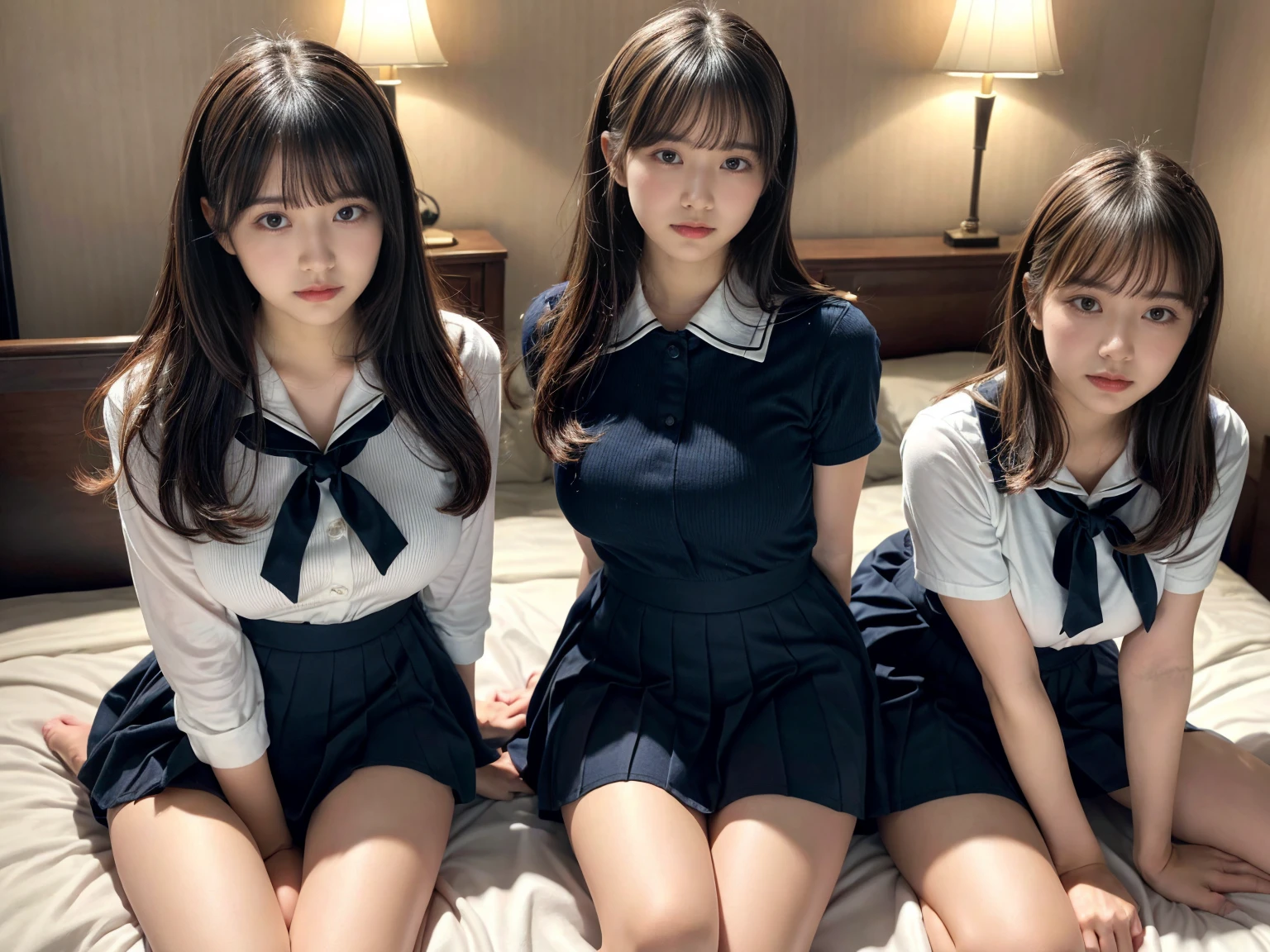 masterpiece, best quality, illustration, Super detailed, fine details, High resolution, 8K,wall paper, perfect dynamic composition,(Details High quality, realistic depiction of eyes:1.3), (3 girls), Black Sailor Uniform, serafuku, Navy pleated skirt, sitting, open legs, short bob hair, in a hotel room in the background, deep on field, large breasts, black hair color, Big Natural Color Lip, (perfect body shape), crying a little、Harajuku style、20 year old girl、cute type、beautiful legs, Gravure Idol