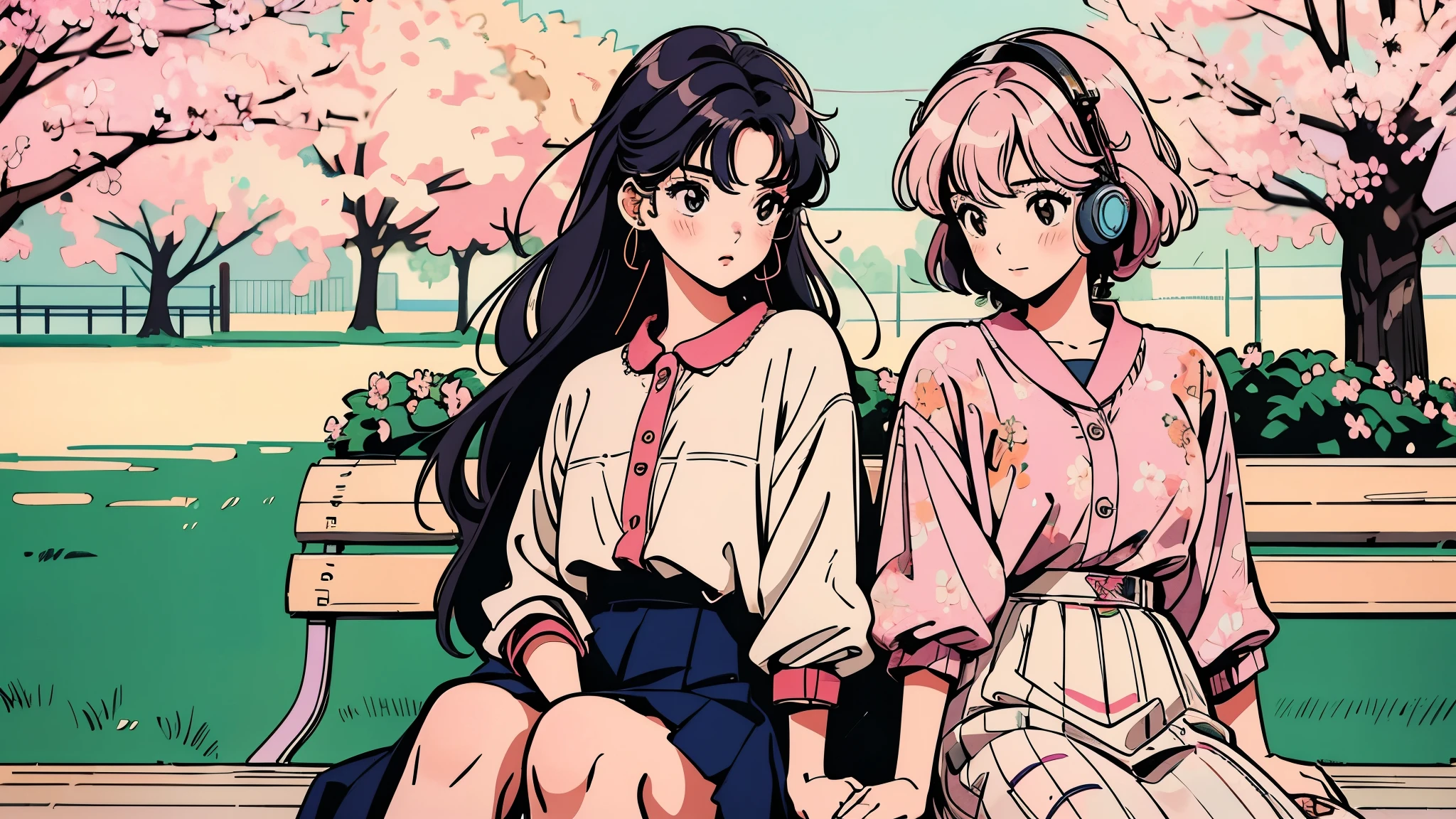 Two girls with {(different clothes, hair colors, and hairstyles)}, sharing a {{((headphones))}}, sitting on a park bench, under cherry blossom trees in full bloom, lyco art, a manga drawing, by Satoshi Kon, lofi hip hop, wlop : :, ukiyo, ukiyo-style, yukito kishiro.