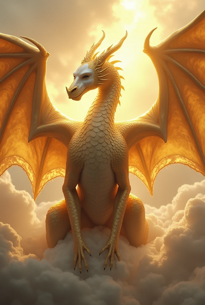 Create a golden dragon with angelic wings, using a white mask