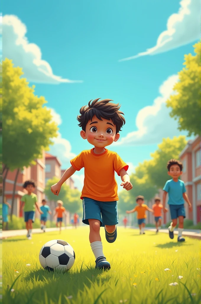 Generate me images of these scenes
### **Script: "The Little Footballer's Dream"**
#### **SCENE 1: La Presentación de Thomas**
*Exterior – Park de un vecindario, sunny day.*
**Storyteller**
Había una vez un niño llamado Thomas. A Thomas le encantaba el fútbol. But there was a small problem! Thomas nunca había jugado en un equipo antes. He always played alone in his garden, dreaming of being a great footballer.
*Thomas está en su jardín, kicking a soccer ball against the wall. He makes faces and celebratory sounds every time he scores an imaginary goal..*
**Thomas (Pretending to be a commentator)**
¡Thomas avanza, Dodge the defenders, kick and… goal! He is the best player in the world!
#### **SCENE 2: The Invitation**
*Exterior – Park, varios niños juegan fútbol mientras Thomas observa desde una banca.*
**Storyteller**
One day, Thomas fue al parque y vio a un grupo de niños jugando un partido de fútbol. I was so looking forward to joining in! But… what if it wasn't good enough??
*One of the children, diego, se da cuenta de que Thomas está mirando.*
**diego**
Understand, You! Do you want to play with us??
*Thomas se pone nervioso pero asiente con la cabeza.*
**Thomas (shy)**
Well… yes, I'd love to!
*diego le lanza la pelota a Thomas.*
**diego**
Come on, join my team!
#### **Scene 3: The Great Challenge**
*Exterior – The improvised football field in the park.*
**Storyteller**
Thomas se une al partido, but it is not easy. The other children are very fast and know how to move the ball.. Thomas corre detrás de ellos, but he barely touches her.
*Thomas corre detrás de un niño que lleva la pelota, but stumbles and falls.*
**Thomas (Whispering to himself, with discouragement)**
I'm not good enough…
*suddenly, the ball rolls towards him. The other kids yell at him to shoot..*
**diego**
Let's go, Thomas! Chuta!
*Thomas cierra los ojos y da un fuerte puntapié a la pelota. The ball flies in the air, but instead of going to the goal…*
**Storyteller**
The ball flew so high
