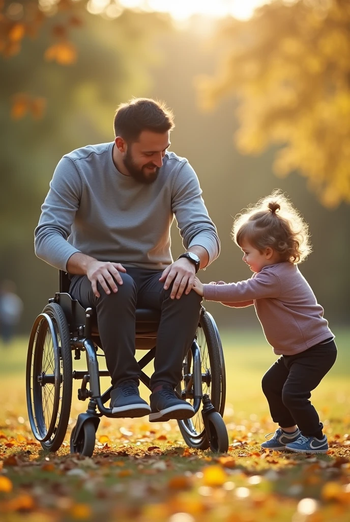 Create an image of a father with a physical disability playing with his children, image in format for posting on social networks