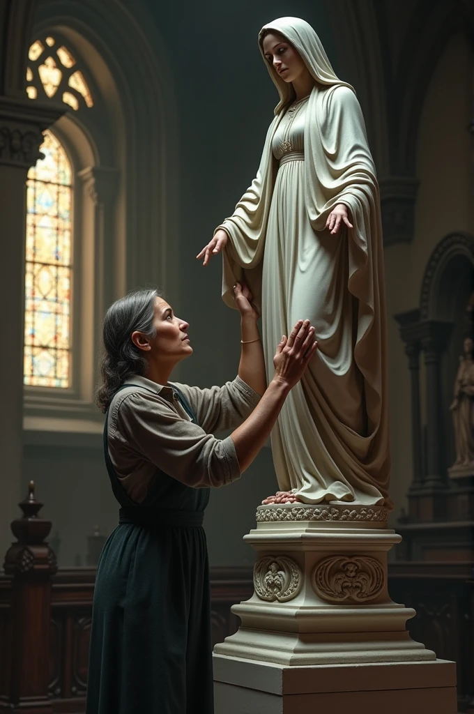 A woman removing a statue of the Virgin