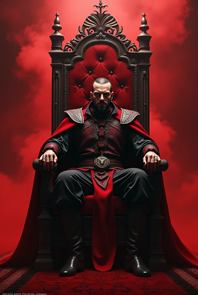 (((Vlad the tapestress))) sitting on the throne decorated by red dragons. (((There is red smoke and his subjects and courtiers around him. PICTURE REALISTIC.)))) Vlad Tepes his expression is serious and confident. Its cover is lush. ((He has a ring of the order of the dragon coat of arms))). ((PICTURE REALISTIC. 真实感.))