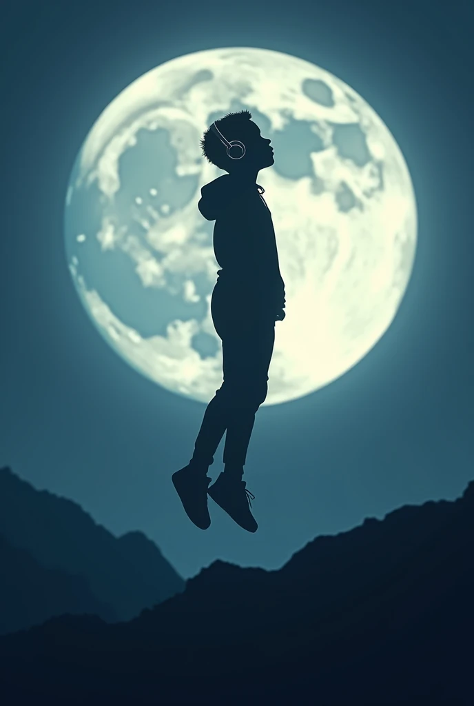 The silhouette of a black boy wearing headphones floating in front of the moon 
 