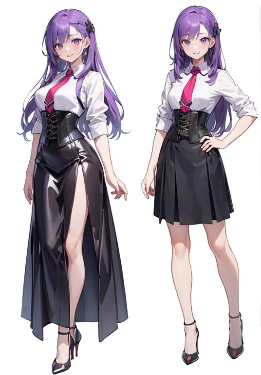 Purple hair,long hair,Adult female,((Rolling up your sleeves shirt)),Open chest,(Corset),(Tight skirt),(high heels),((Simple White background)),Smile,((Full body)),((whole body)),Character Sheet,