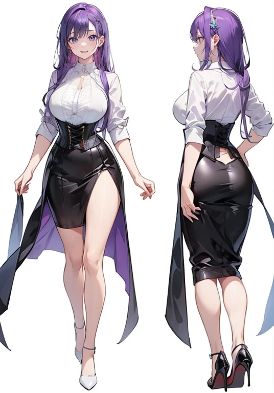 Purple hair,long hair,Adult female,((Rolling up your sleeves shirt)),Open chest,(Corset),(Tight skirt),(high heels),((Simple White background)),Smile,((Full body)),((whole body)),Character Sheet,