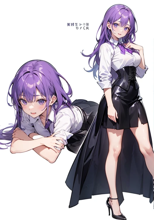 Purple hair,long hair,Adult female,((Rolling up your sleeves shirt)),Open chest,(Corset),(Tight skirt),(high heels),((Simple White background)),Smile,((Full body)),((whole body)),Character Sheet,