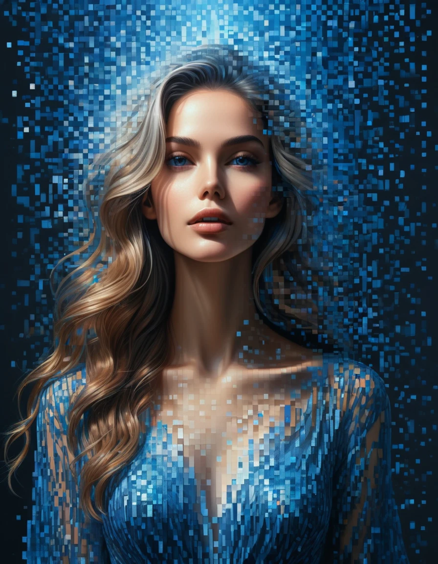 (best quality,4k,8k,highres,masterpiece:1.2),ultra-detailed,(realistic,photorealistic,photo-realistic:1.37), pixel art, woman's portrait, extra long hair，beautiful detailed face, vibrant blue gradient, dissolve effect, intact structure gradually decomposing in mid-air, sunlight streaming through partially hollowed-out sections, holographic cosmic space background