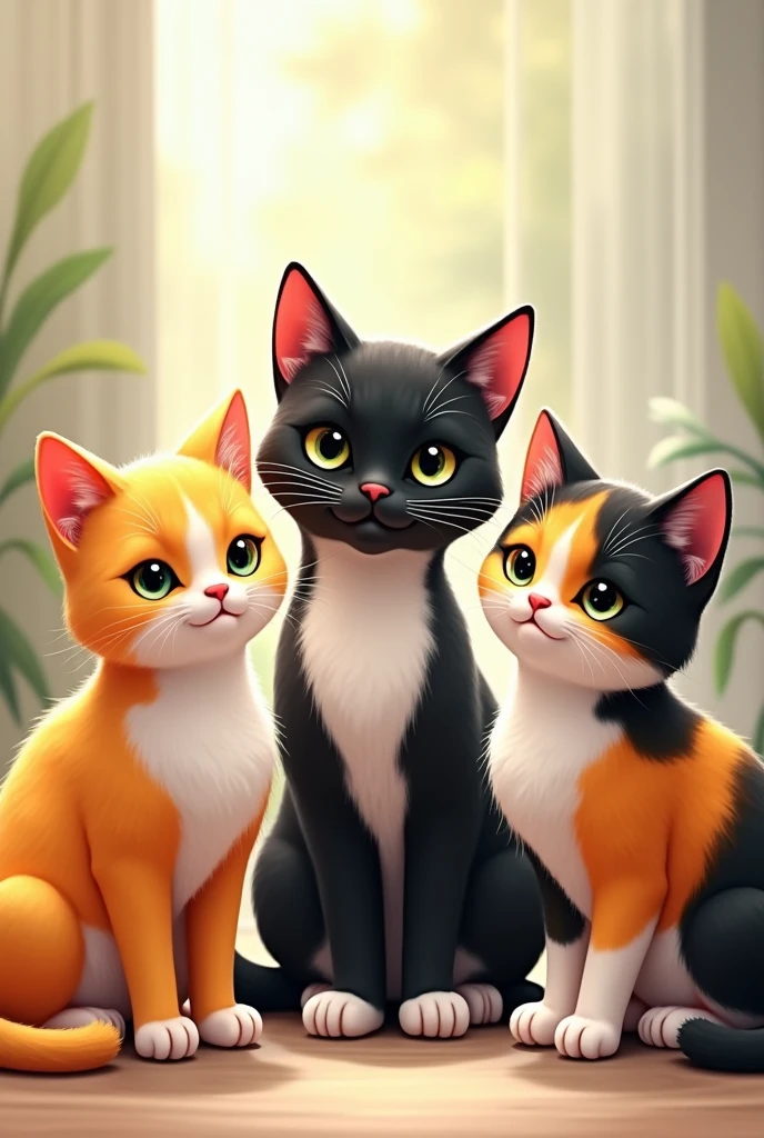 3 cats, one yellow with white, another black with white, and another orange black and white