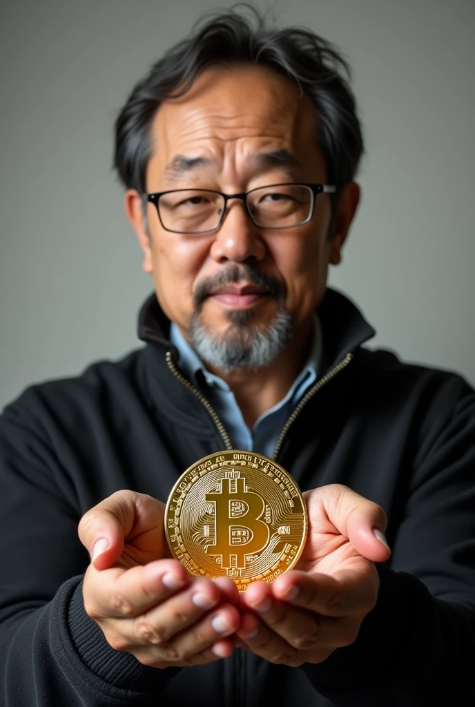 Satoshi Nakamoto holding Bitcoin in his hands