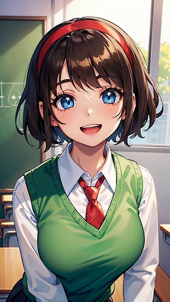 ((1girl)), ((short brown hair)), ((hairband)), ((blue eyes)), ((long sleeved white collared shirt)), ((green sweater vest)), ((red necktie)), ((black skirt)), ((big happy smile)), ((medium breasts)), ((generic girly pose)), ((big happy smile)), ((energetic)), ((bangs)), ((Kawaii)), ((face close up)), ((White shirt)), ((green sweater vest)), ((red necktie)), ((cute art style)), (((anime)), ((eyelashes)), ((friendly smile)), ((open mouth)), ((school interior)), ((long sleeves)), ((modern)), ((close up of face)), ((upper body only))