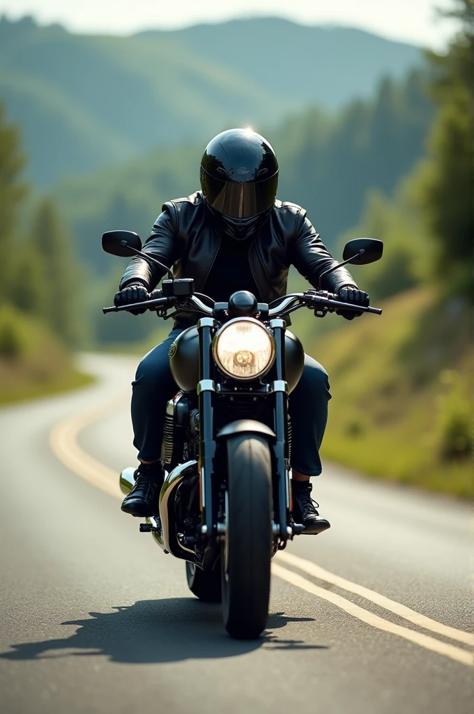 Create me a real-looking Facebook profile picture where I appear with a motorcycle helmet covering my face riding my motorcycle down the road