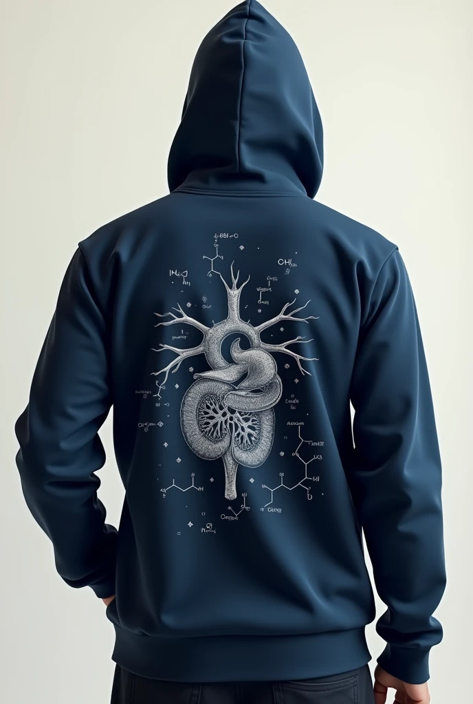Create an image of a navy blue hoodie with no closure where on the back you can see a very detailed but creatively used drawing of a human body organ, not very large, and around it there are a few images related to chemistry., below have the name of chemicals without it looking so saturated, that the drawing is not colored, only the outer lines are visible. The front of the sweatshirt should not have anything and the back is where the organ will be worn. It should be a simple style but with a lot of detail.