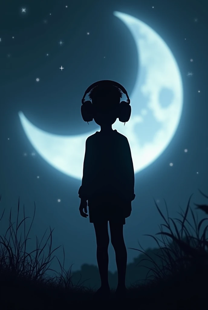 The silhouette of a black boy wearing headphones floating in front of the moon