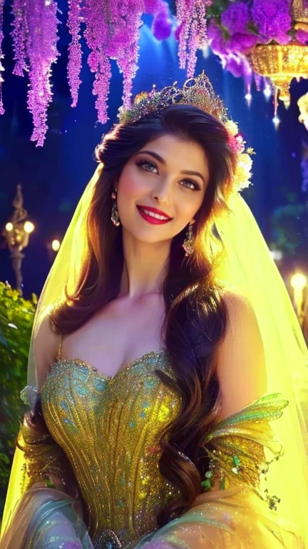 (a beautiful woman in a stunning gown of flowing silk with a radiant smile and captivating eyes),vibrant colors,highres,ultra-detailed,sharp focus,soft lighting,realistic,fantasy-inspired,portraits,subtle color palette,ethereal glow,fairytale,graceful,pastel shades,enchanted garden,lovely flowers,twinkling lights,whimsical ambiance