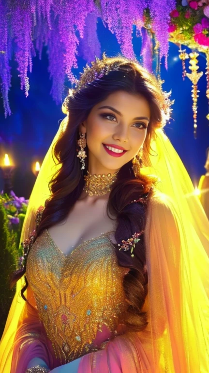 (a beautiful woman in a stunning gown of flowing silk with a radiant smile and captivating eyes),vibrant colors,highres,ultra-detailed,sharp focus,soft lighting,realistic,fantasy-inspired,portraits,subtle color palette,ethereal glow,fairytale,graceful,pastel shades,enchanted garden,lovely flowers,twinkling lights,whimsical ambiance