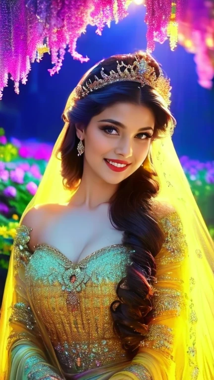 (a beautiful woman in a stunning gown of flowing silk with a radiant smile and captivating eyes),vibrant colors,highres,ultra-detailed,sharp focus,soft lighting,realistic,fantasy-inspired,portraits,subtle color palette,ethereal glow,fairytale,graceful,pastel shades,enchanted garden,lovely flowers,twinkling lights,whimsical ambiance