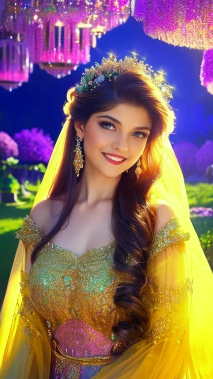 (a beautiful woman in a stunning gown of flowing silk with a radiant smile and captivating eyes),vibrant colors,highres,ultra-detailed,sharp focus,soft lighting,realistic,fantasy-inspired,portraits,subtle color palette,ethereal glow,fairytale,graceful,pastel shades,enchanted garden,lovely flowers,twinkling lights,whimsical ambiance