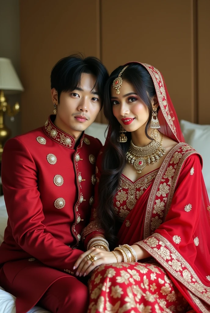 BTS Member Kim Taehyung in a red sherwani with a girl wearing a red and golden saree, adorned with many Indian jewelry pieces, and heavy makeup. They are sitting on a bed in a gorgeous bedroom.