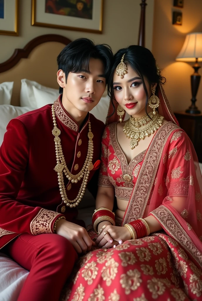 BTS Member Kim Taehyung in a red sherwani with a girl wearing a red and golden saree, adorned with many Indian jewelry pieces, and heavy makeup. They are sitting on a bed in a gorgeous bedroom.