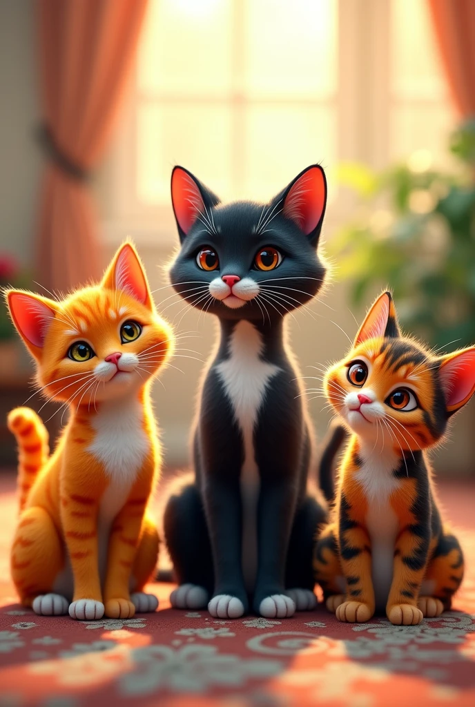 3 cats, one yellow with white, another black with white, and another orange black and white