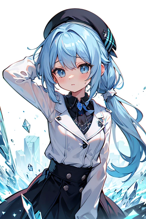 Disheveled Hair, Wet Hair, Crystal-like hair, One girl, solo, ponytail, beret, 