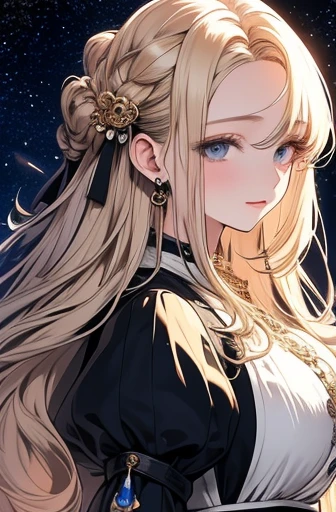 masterpiece, Highest quality, Highest quality, Official Art, beautifully、aesthetic:1.2), (1 girl), Very detailed,(Fractal Art:1.3),colorful,Most detailed,Blonde long hair,blue eyes,Moonlit Night,Rose,Big Tits
