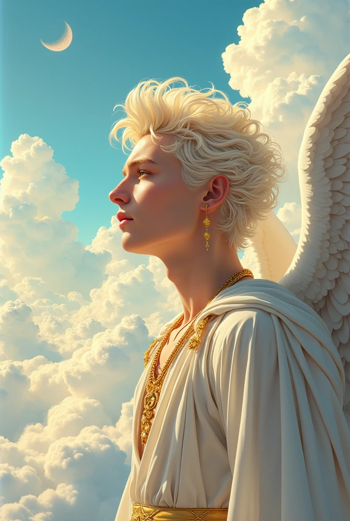 ((work of art)),((best qualityer)),((high détail)), ((ultra detaild)) cartoonist illustration, aerial view, Beautiful sky, deformed clouds, A being (a god)  transdimensional who is abrogenero with angelic appearance and very handsome who has albinism and with several beautiful gold plated accessories 