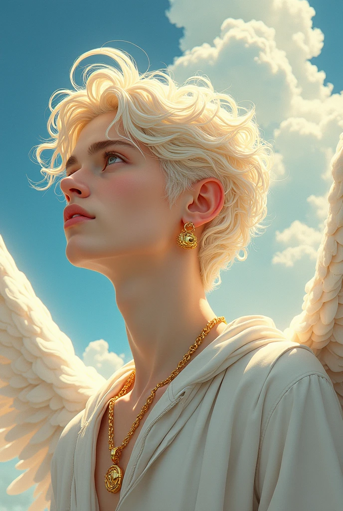 ((work of art)),((best qualityer)),((high détail)), ((ultra detaild)) cartoonist illustration, aerial view, Beautiful sky, deformed clouds, A being (a god) transdimensional who is abrogenero with angelic appearance and very handsome who has albinism and with several beautiful gold plated accessories